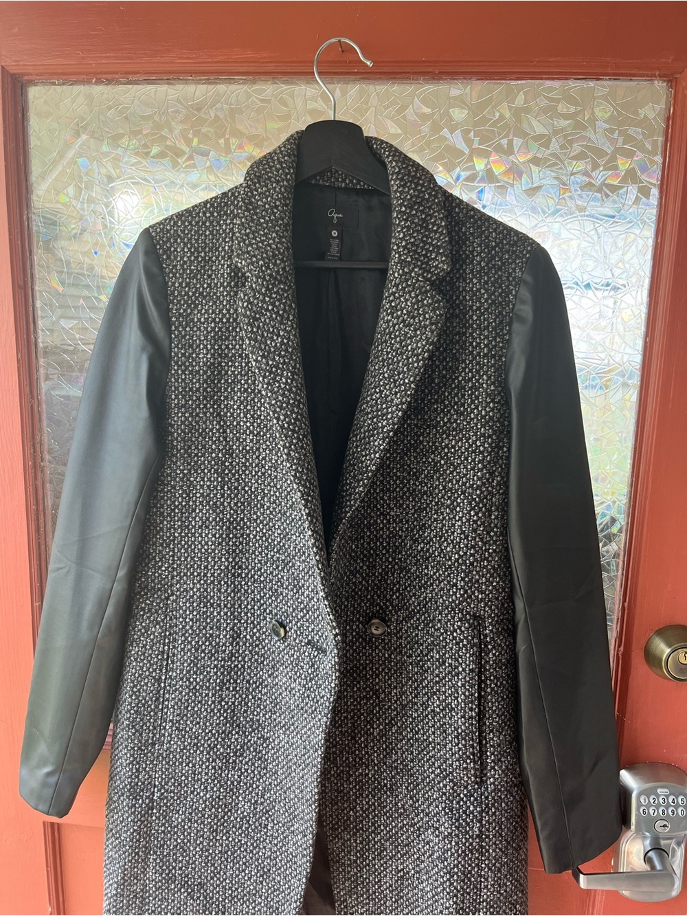 Aqua woman’s/unisex Black Tweed Coat with Faux Leather Sleeves